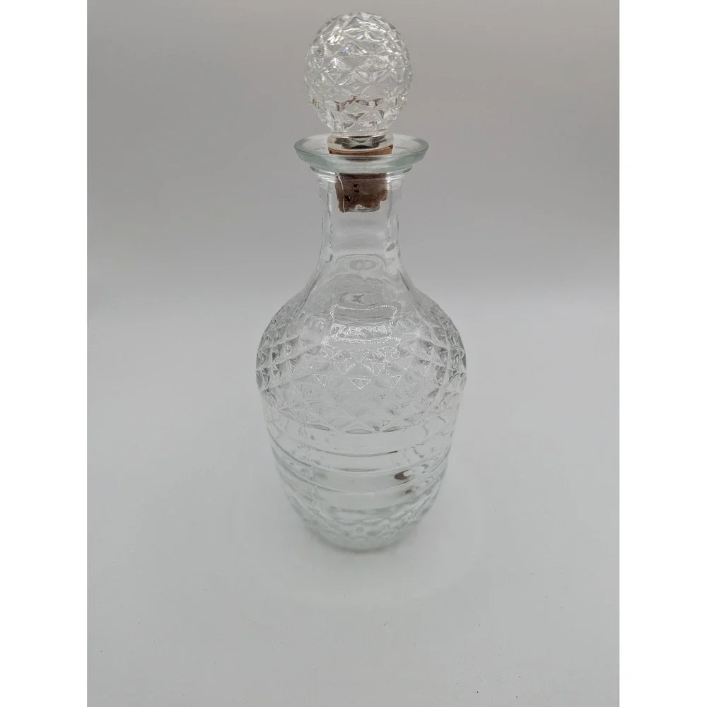 Vintage Clear Glass Diamond Cut Ribbed Decanter with Faceted Cork‎ Stopper 9